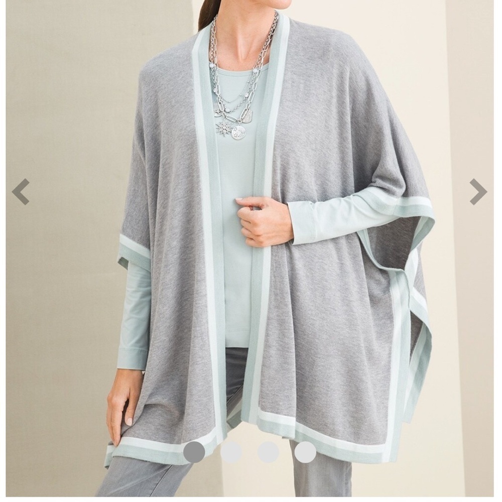 Chico’s Gray & Blue Cashmere Blend Tipped Ruana Wrap Size Large/XL